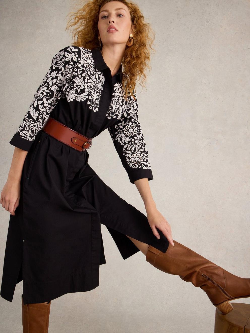 Thyme Embroidered Shirt Dress in BLK MLT - LIFESTYLE