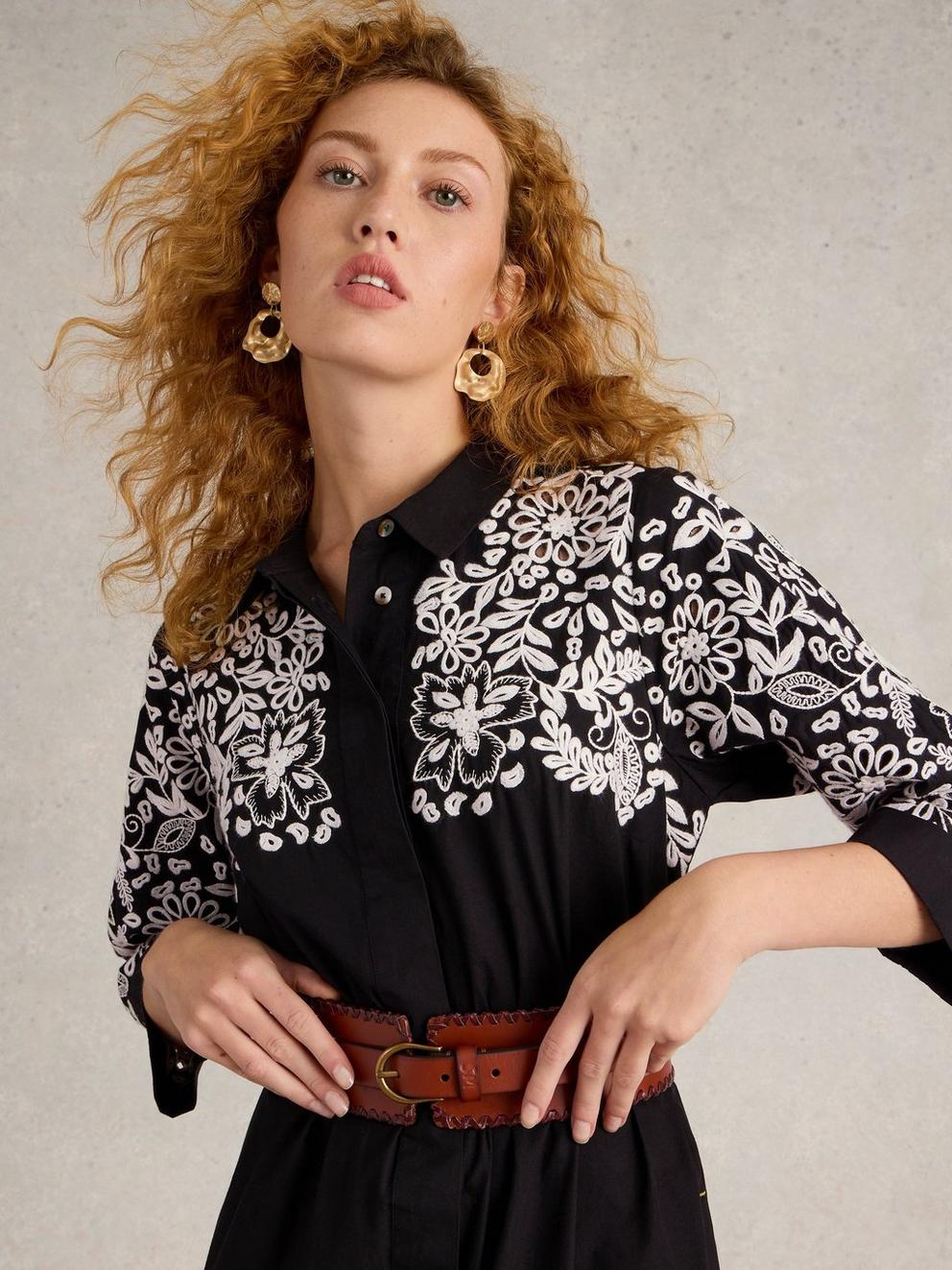 Thyme Embroidered Shirt Dress in BLK MLT - MODEL DETAIL