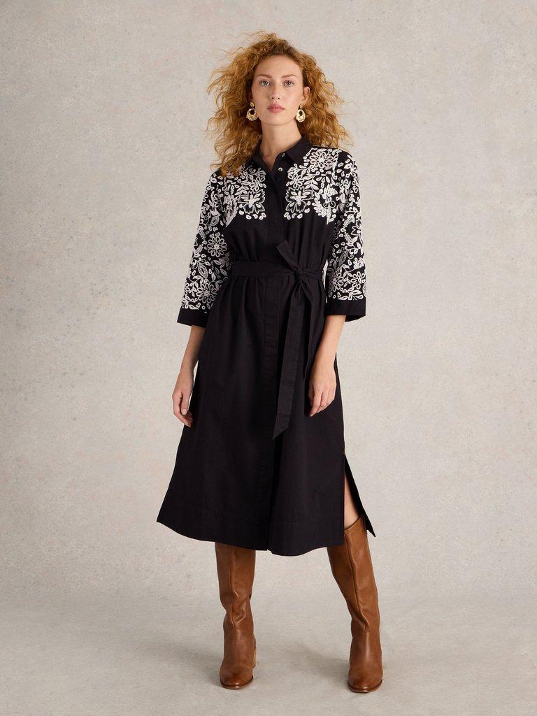 Thyme Embroidered Shirt Dress in BLK MLT - MODEL FRONT