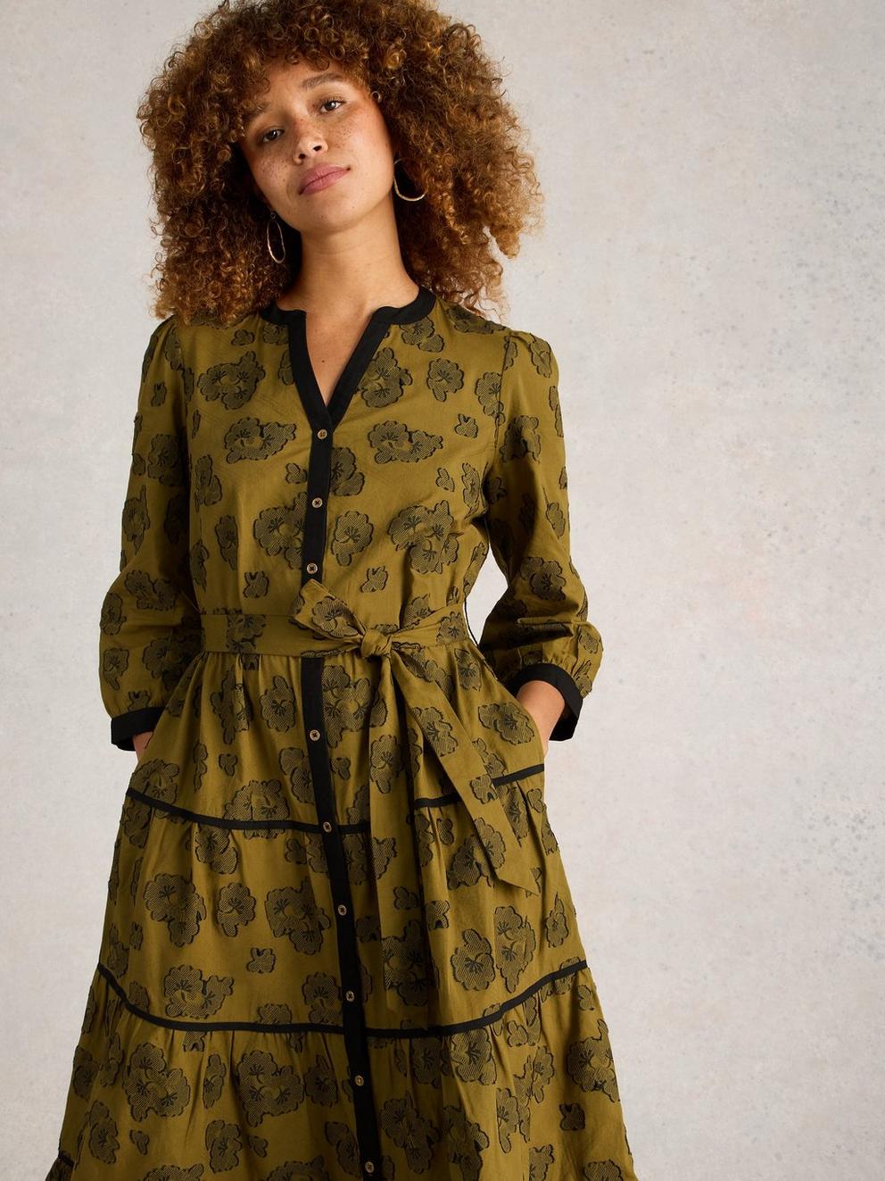 Fawn Jacquard Midi Dress in GREEN MLT - MODEL DETAIL