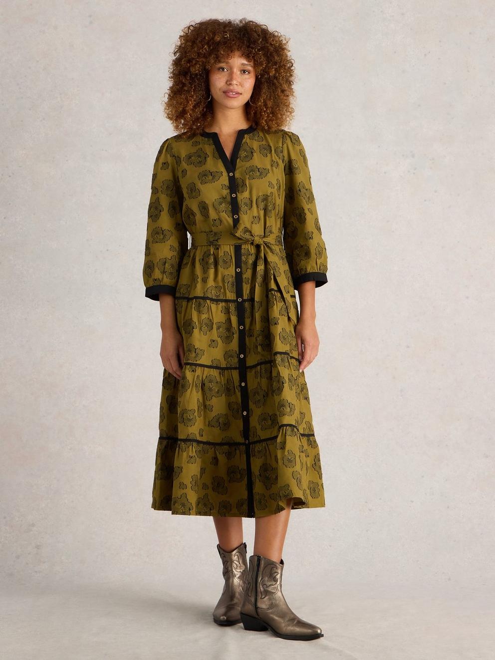 Fawn Jacquard Midi Dress in GREEN MLT - MODEL FRONT