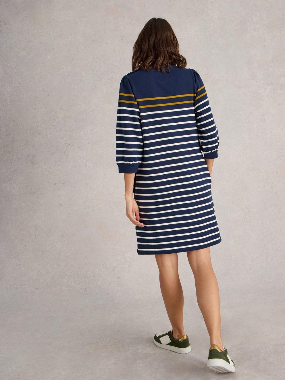 Amy Stripe Dress in NAVY MULTI - MODEL BACK