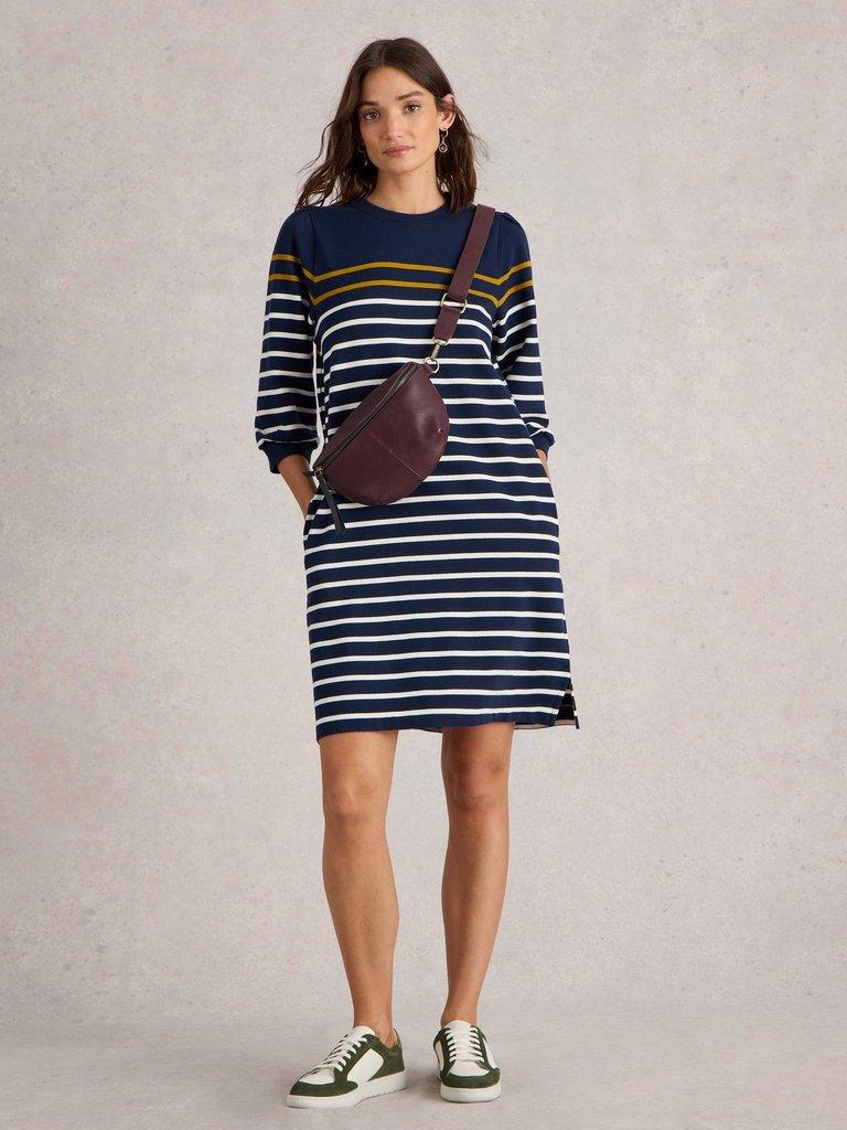 Amy Stripe Dress in NAVY MULTI - MODEL FRONT