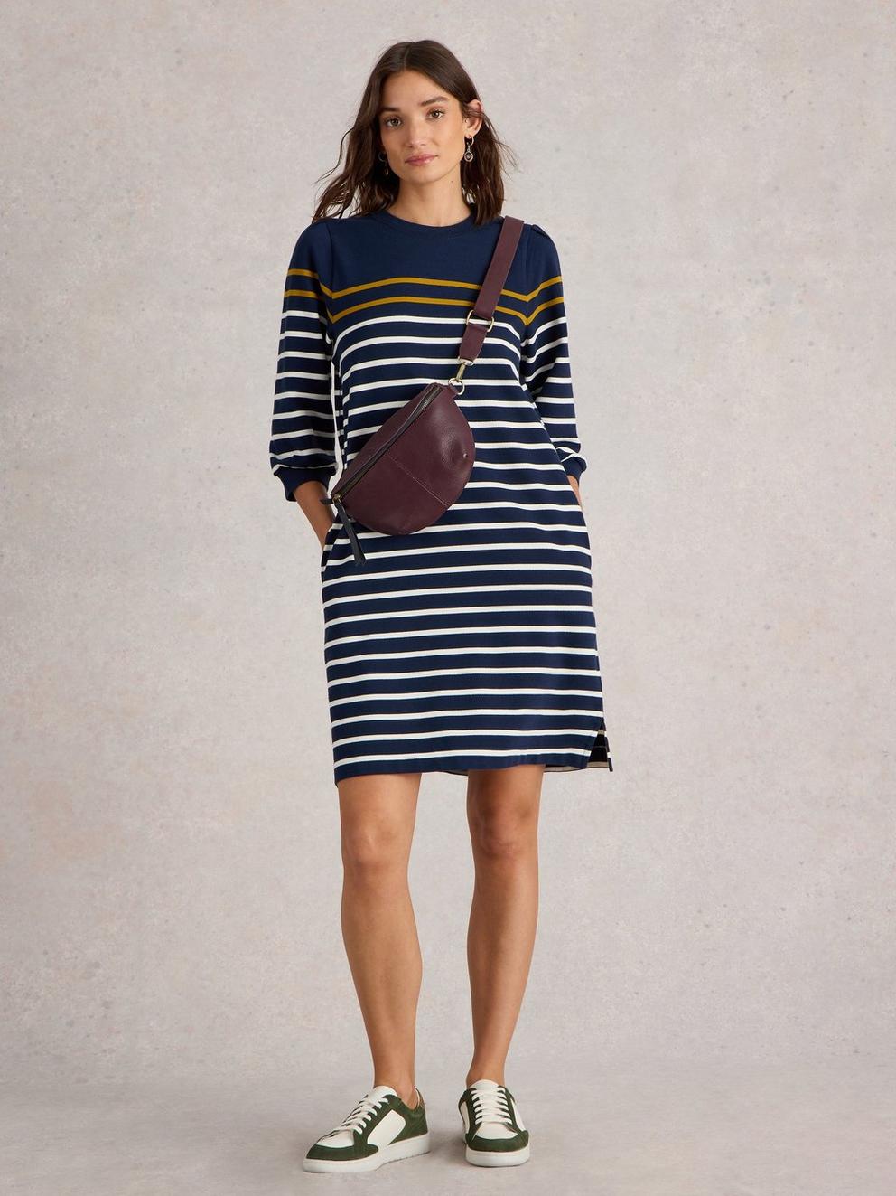 Amy Stripe Dress in NAVY MULTI - MODEL FRONT