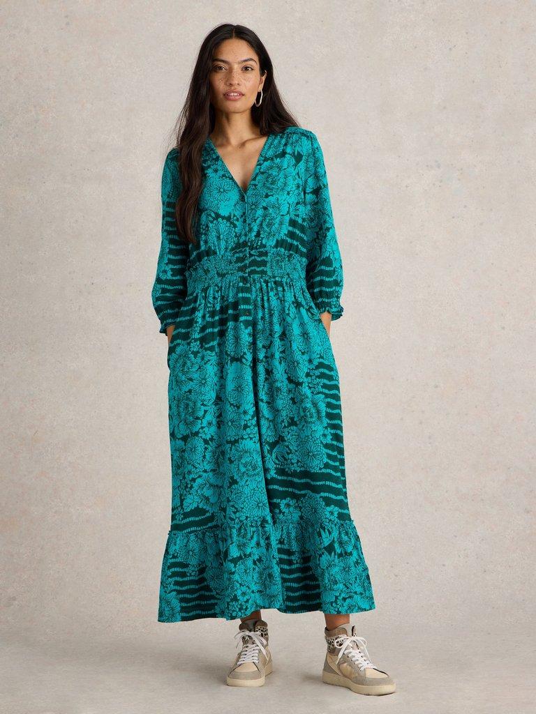 Jonie Shirred Jersey Dress in GREEN PR - MODEL FRONT