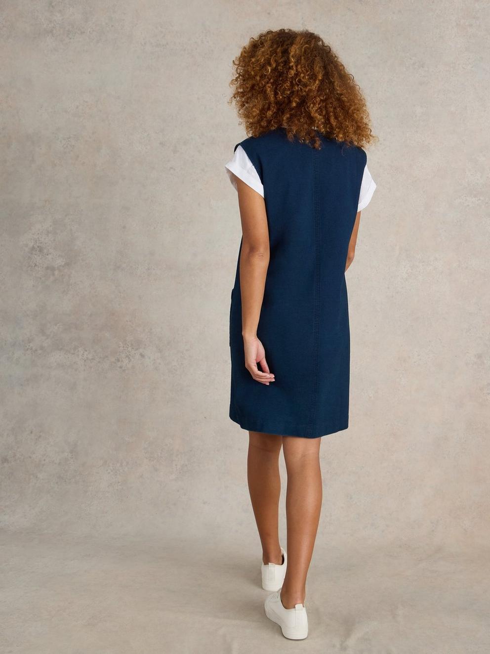 Maple Denim Jersey Pinafore in MID DENIM - MODEL BACK
