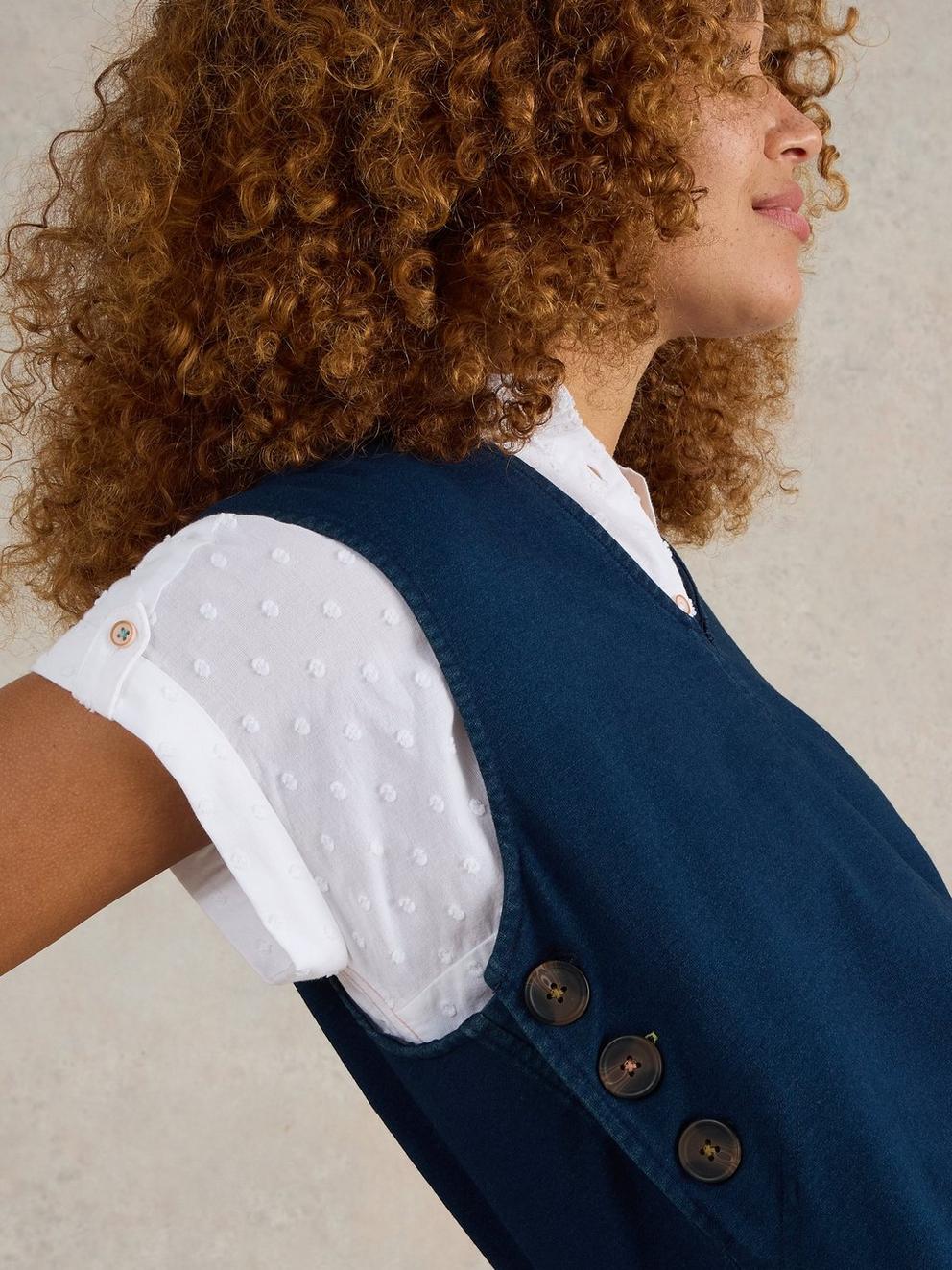 Maple Denim Jersey Pinafore in MID DENIM - MODEL DETAIL
