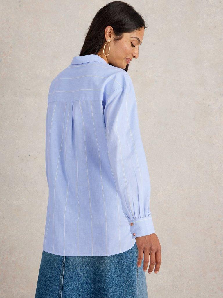 Laurel Longline Cotton Shirt in BLUE MLT - MODEL BACK