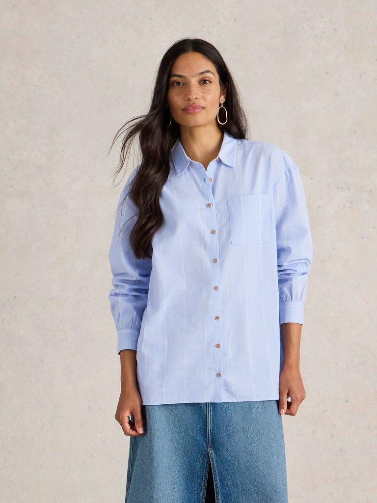 Laurel Longline Cotton Shirt in BLUE MLT - MODEL DETAIL