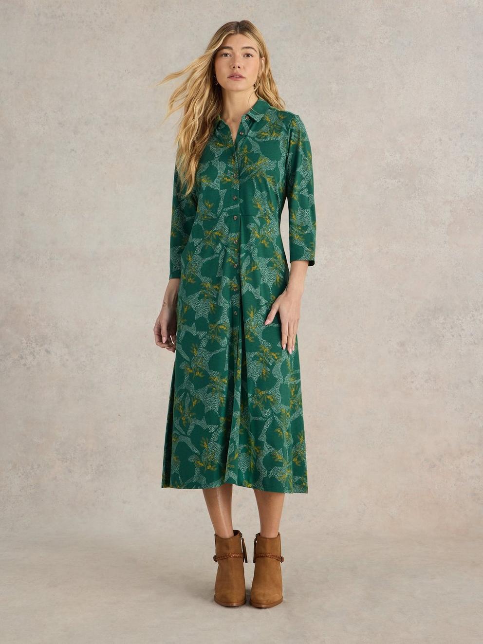 Rua Midi Jersey Shirt Dress in GREEN MLT - MODEL FRONT