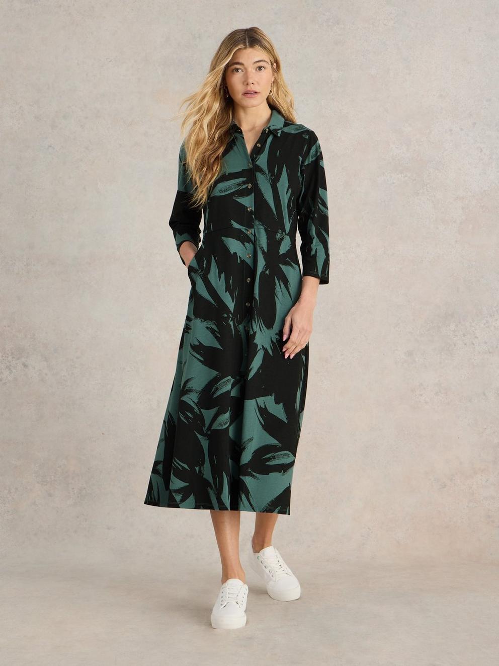 Rua Midi Jersey Shirt Dress in GREEN PR - MODEL FRONT