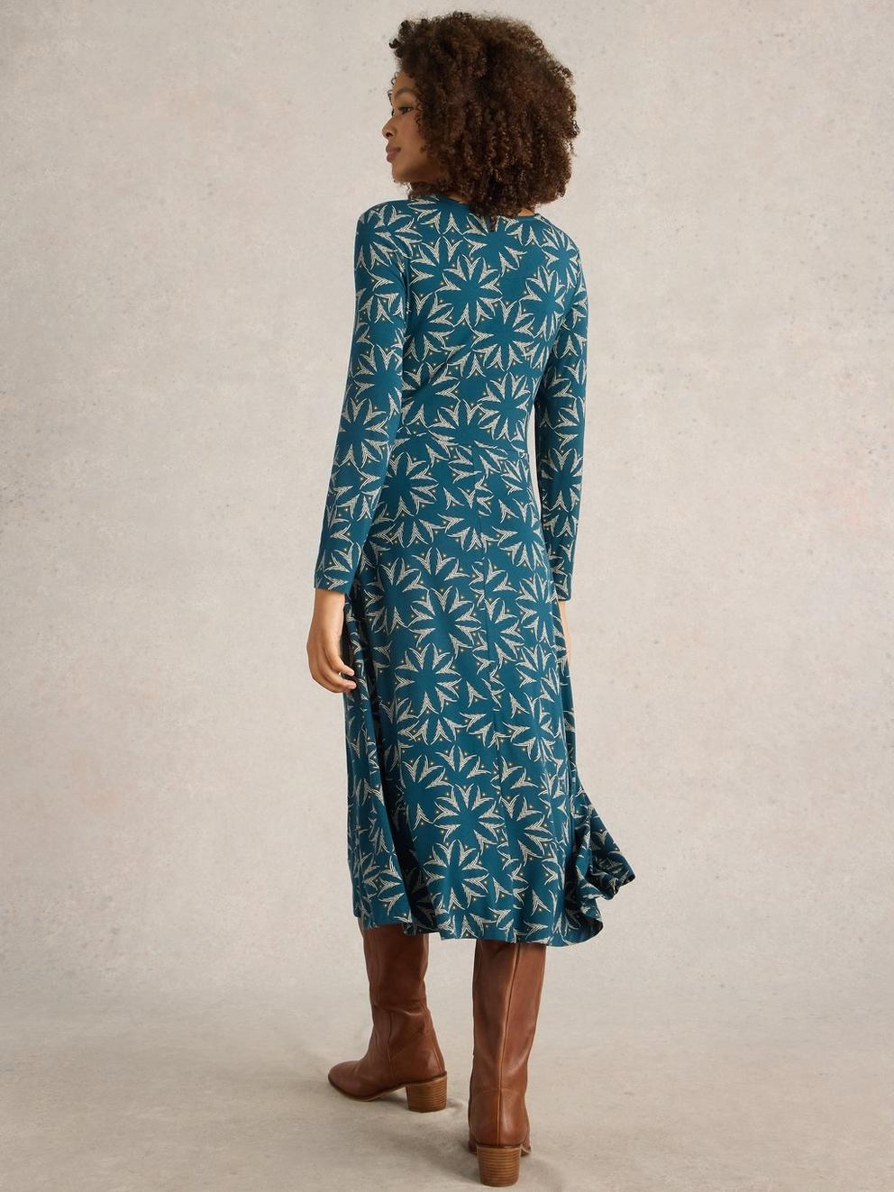 Madeline Jersey Midi Dress in TEAL MLT - MODEL BACK