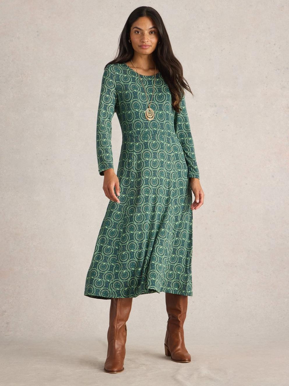 Madeline Jersey Midi Dress in TEAL PR - MODEL FRONT