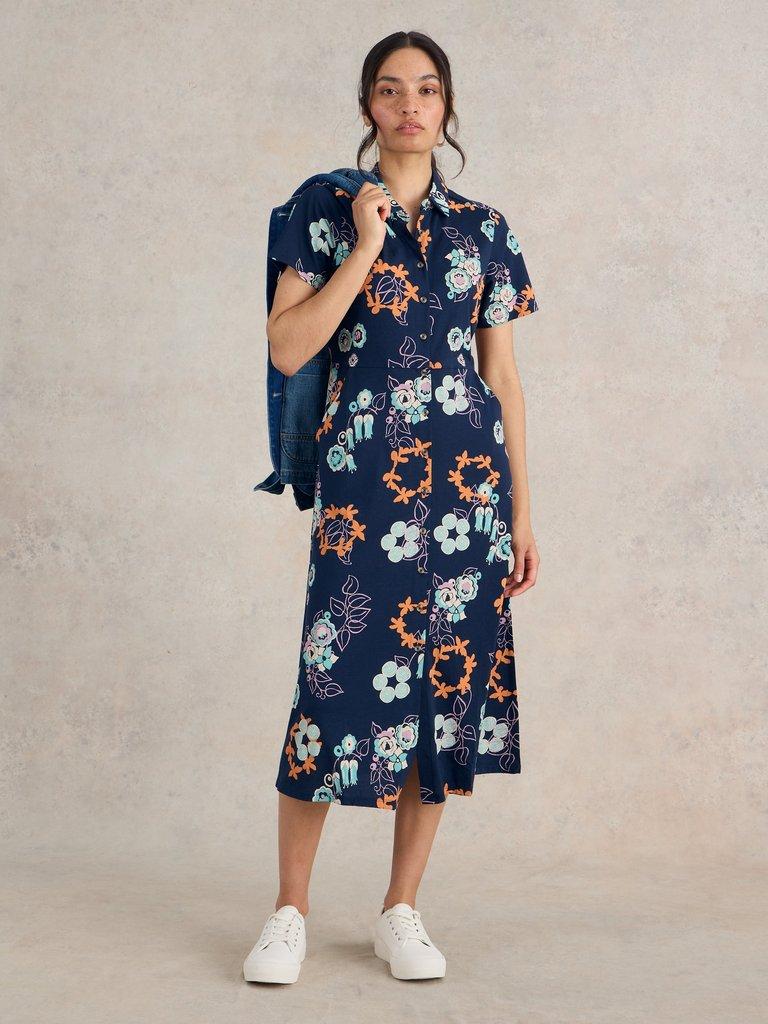 Rua Jersey Shirt Midi Dress in NAVY PR - MODEL FRONT