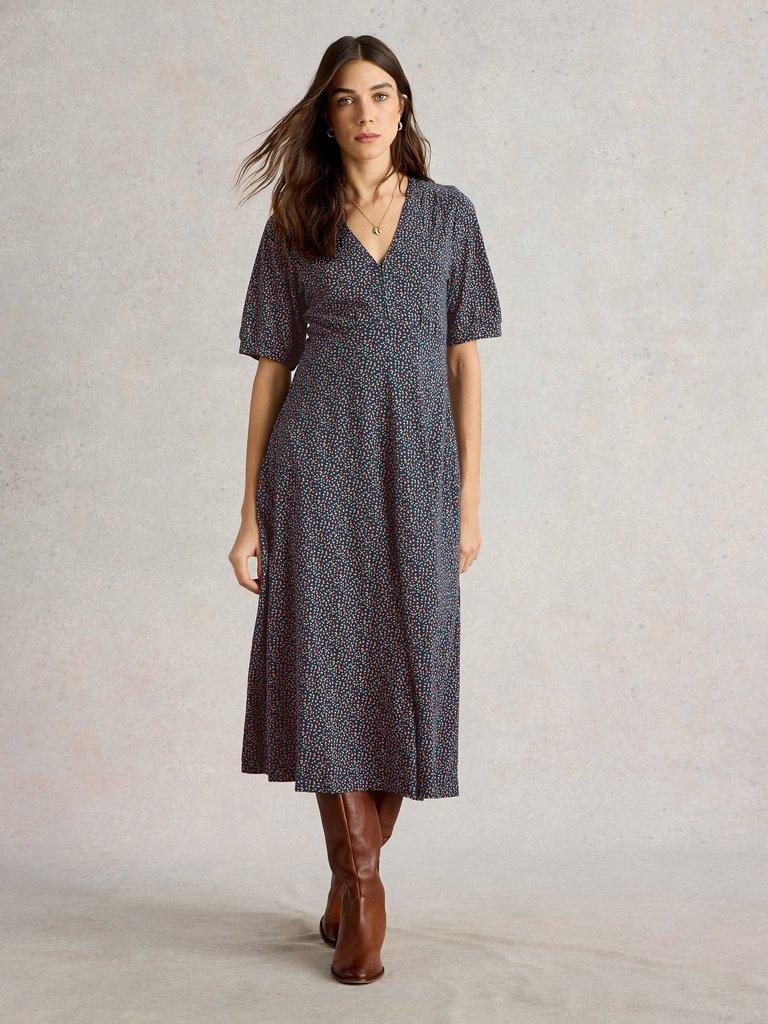 Megan V Neck Jersey Midi Dress in NAVY PRINT