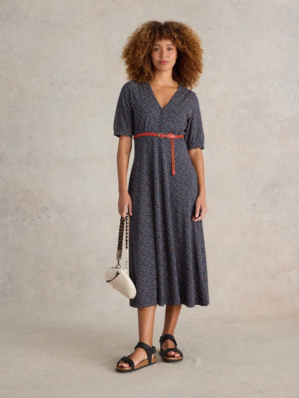 Megan V Neck Jersey Midi Dress in NAVY PR - MODEL FRONT