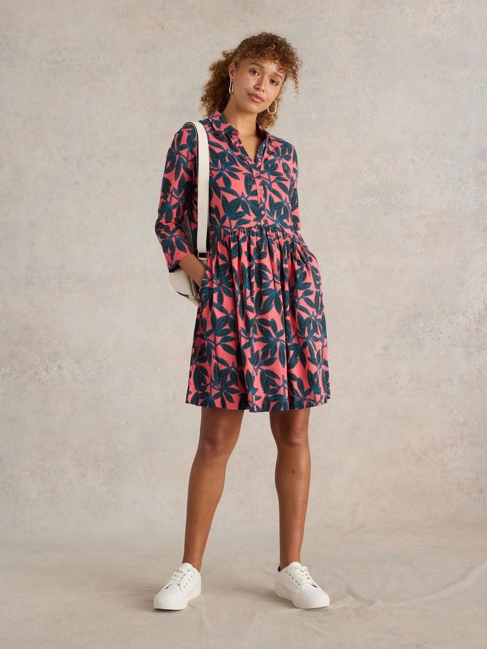 Everly Cotton Shirt Dress in RED PR - MODEL FRONT