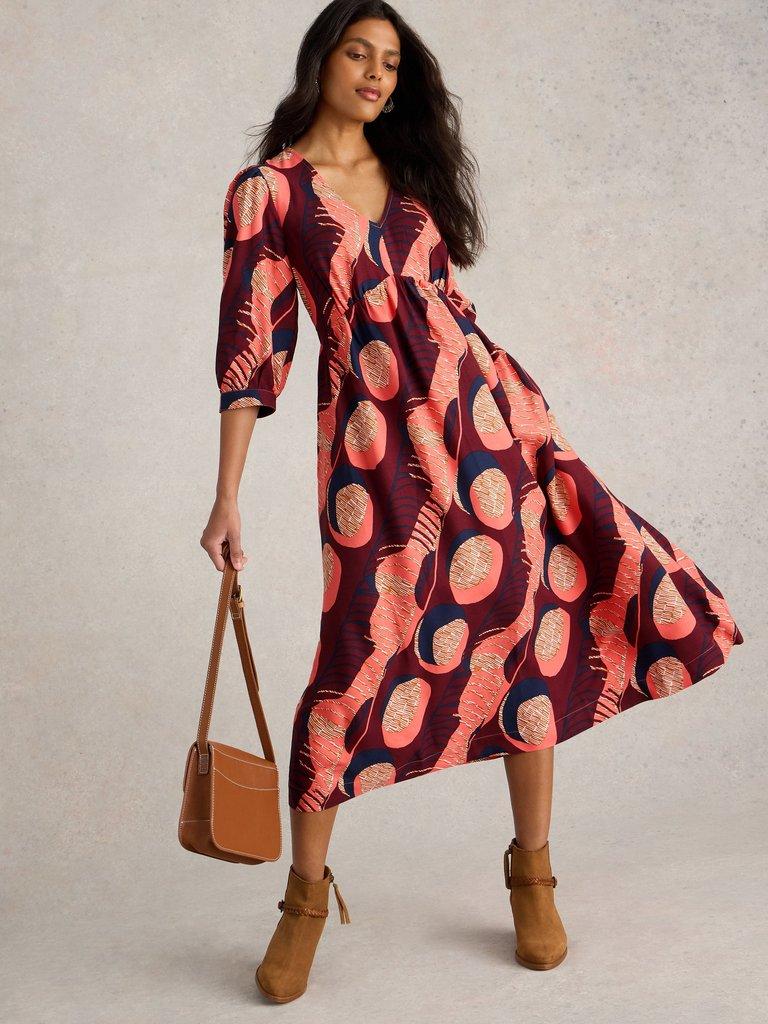 Lucy Midi Printed Dress in PLUM PR - LIFESTYLE