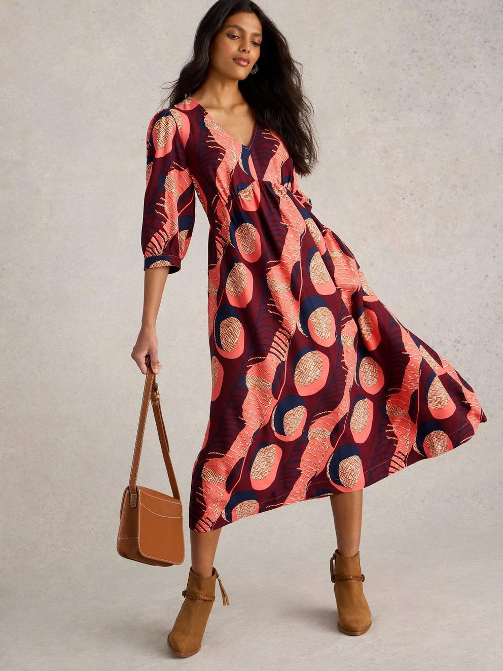 Lucy Midi Printed Dress in PLUM PR - LIFESTYLE