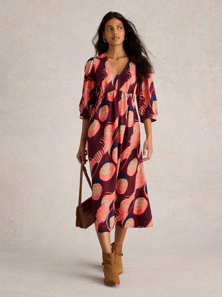 Lucy Midi Printed Dress in PLUM PR - MODEL FRONT