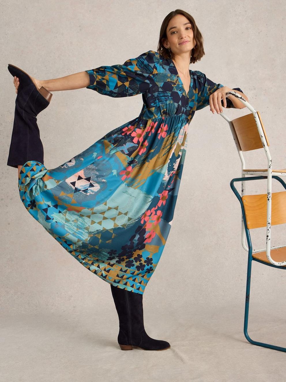 Lucy Midi Printed Dress in TEAL PR - LIFESTYLE