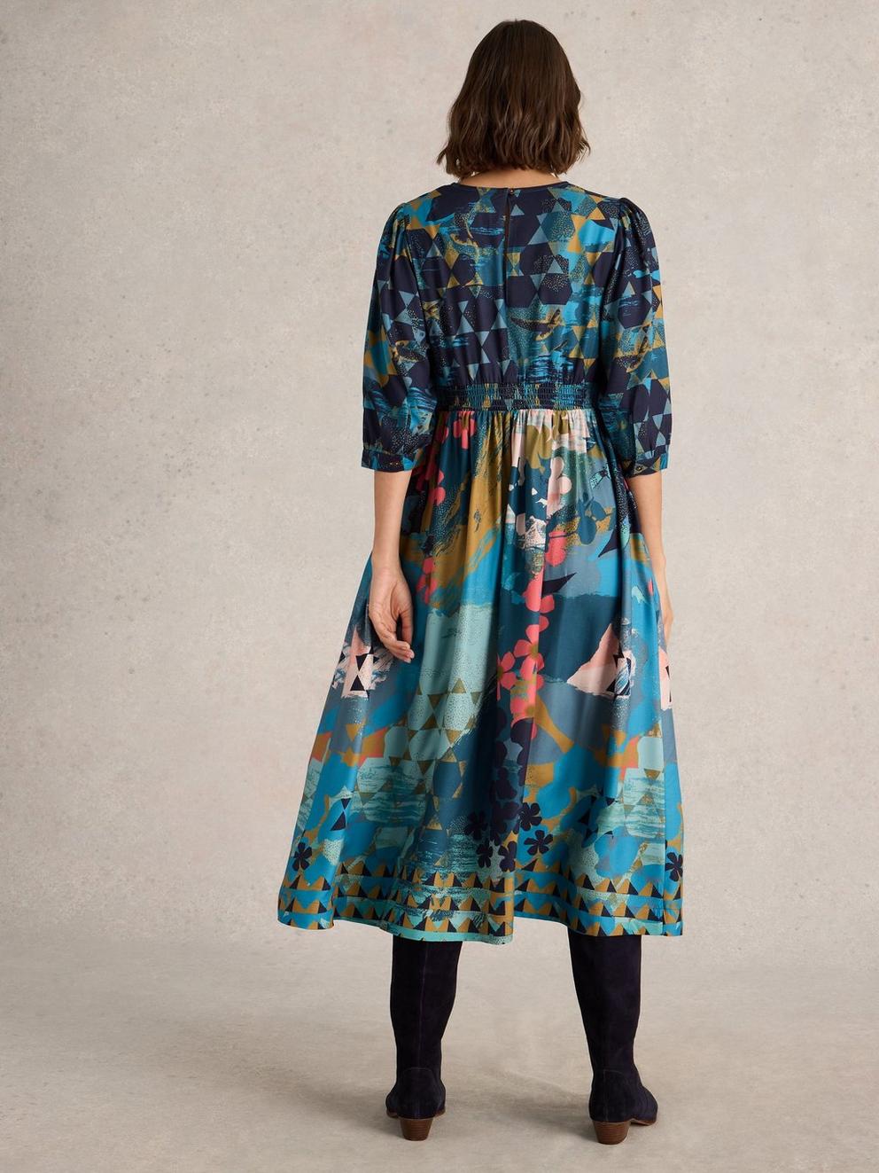 Lucy Midi Printed Dress in TEAL PR - MODEL BACK