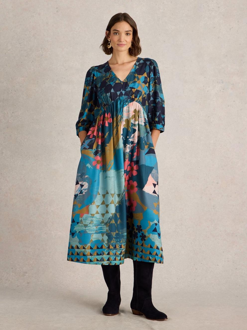 Lucy Midi Printed Dress in TEAL PR - MODEL FRONT