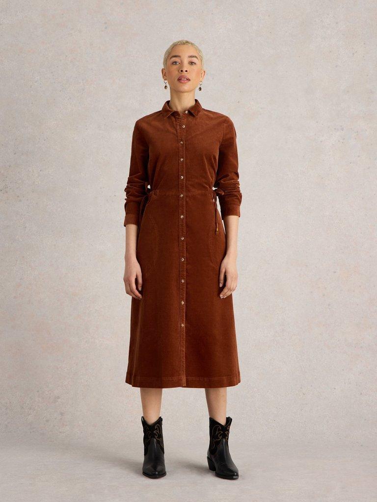 Jade Cord Dress in DARK TAN - MODEL FRONT