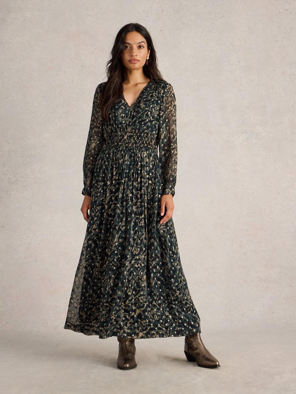 Edie Metallic Spot Maxi Dress in BLK MLT - MODEL FRONT