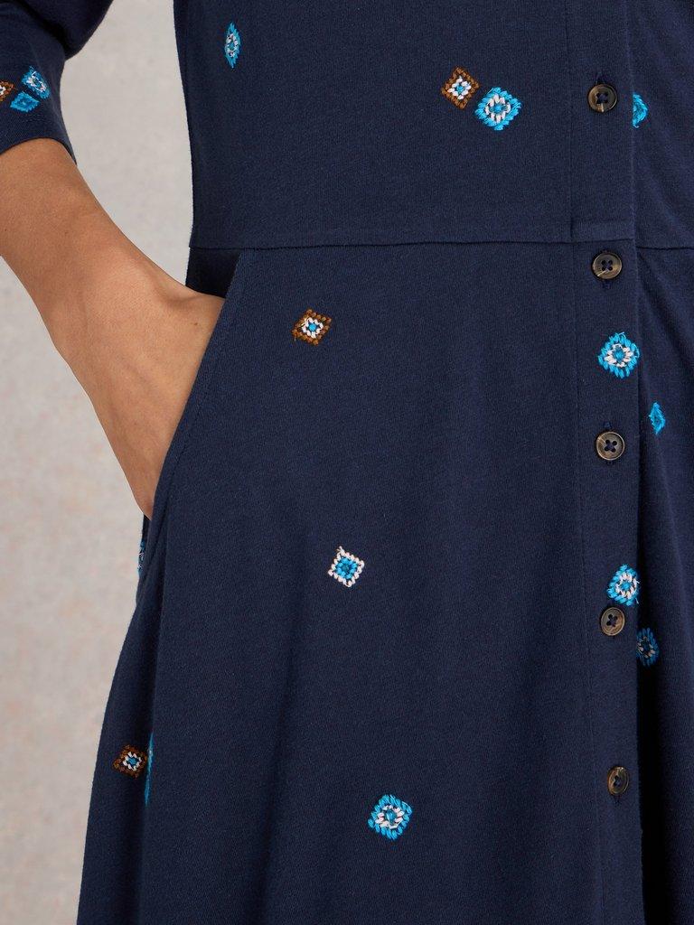 Rua Embroidered Jersey Dress in NAVY MULTI - MODEL DETAIL