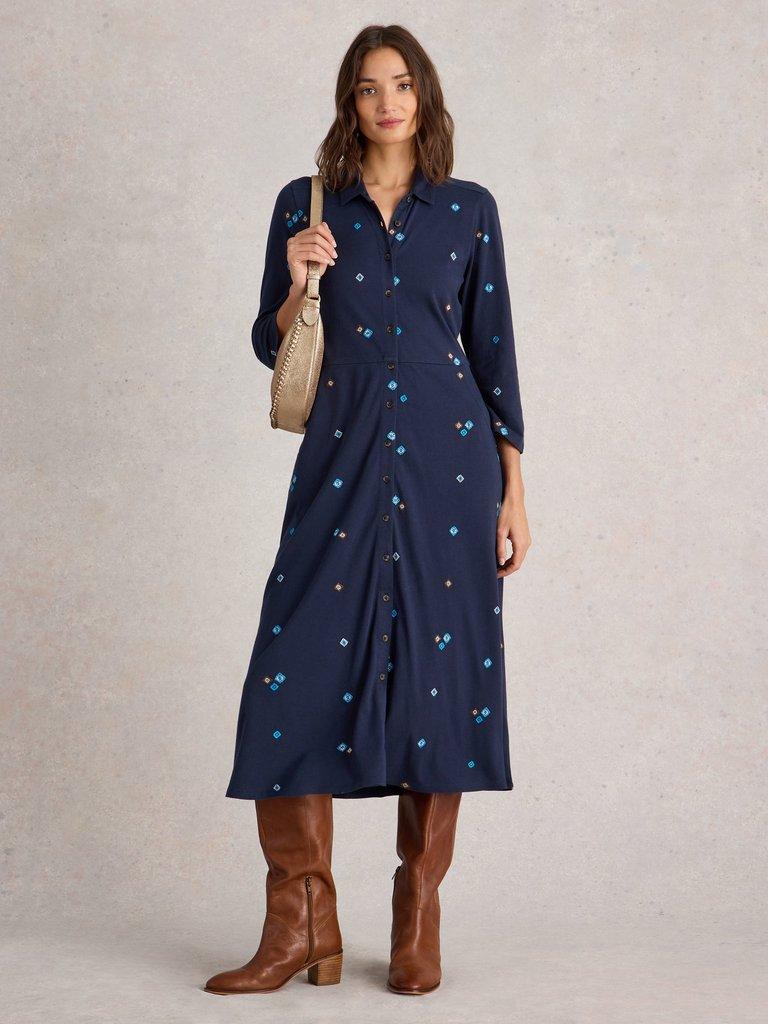 Rua Embroidered Jersey Dress in NAVY MULTI - MODEL FRONT