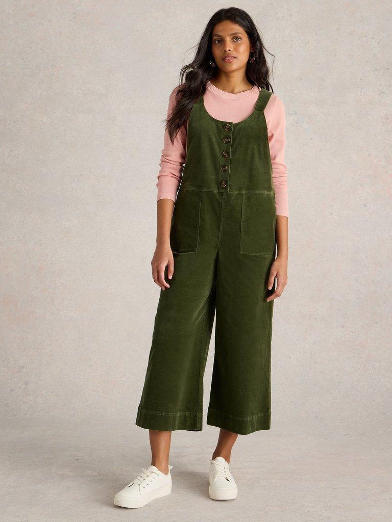 Viola Cord Dungaree in DK GREEN - MODEL FRONT