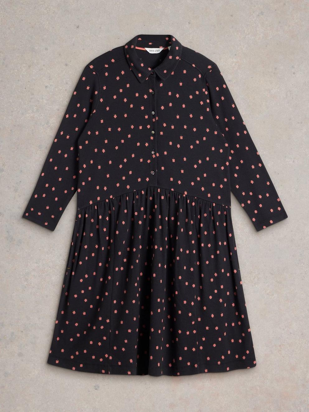 Everly Jersey Rib Shirt Dress in BLK PR - FLAT FRONT