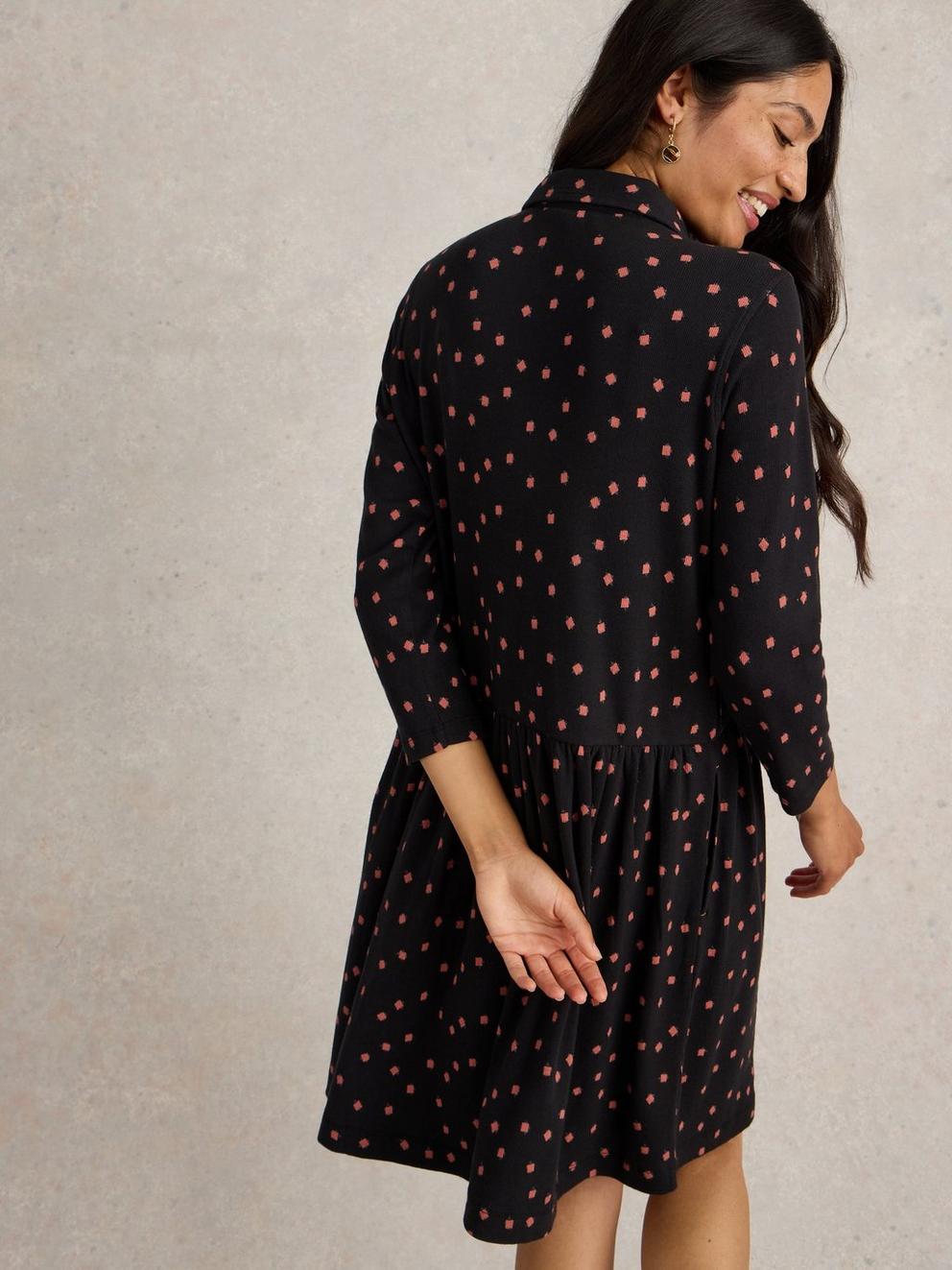 Everly Jersey Rib Shirt Dress in BLK PR - MODEL BACK