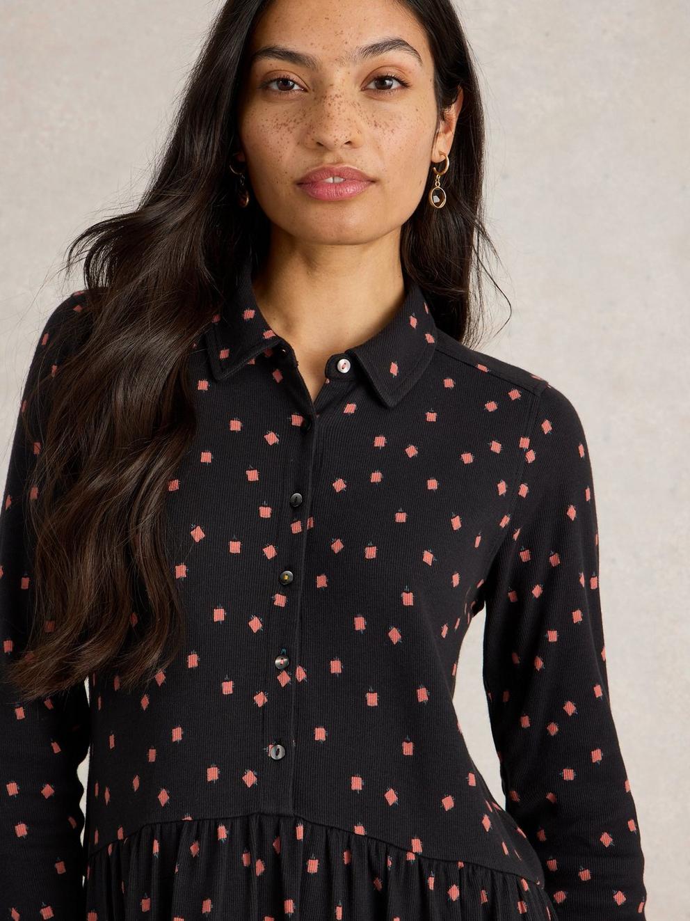 Everly Jersey Rib Shirt Dress in BLK PR - MODEL DETAIL