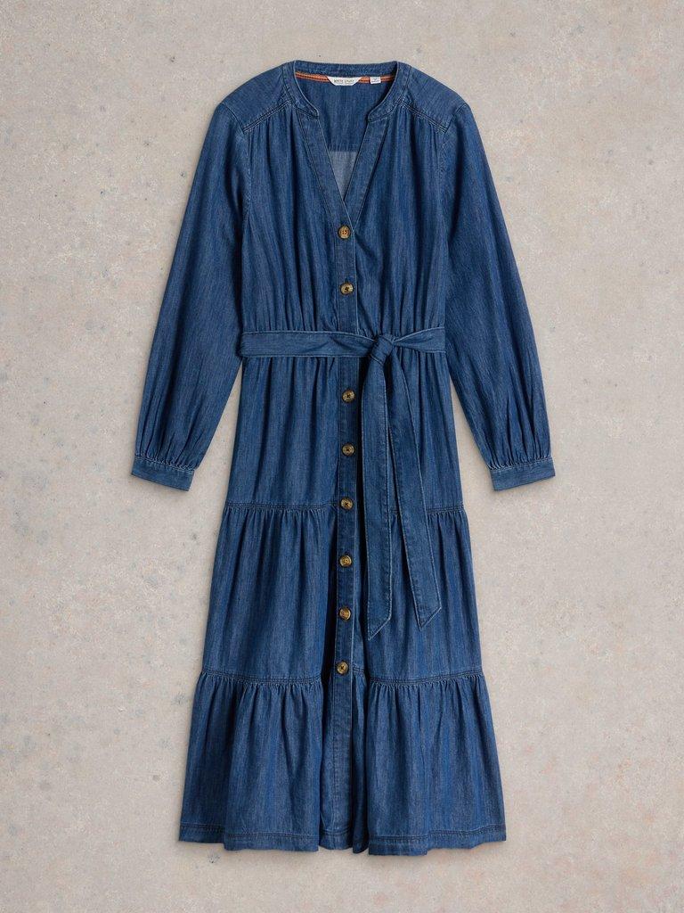 Mina Tiered Denim Dress in MID DENIM - FLAT FRONT