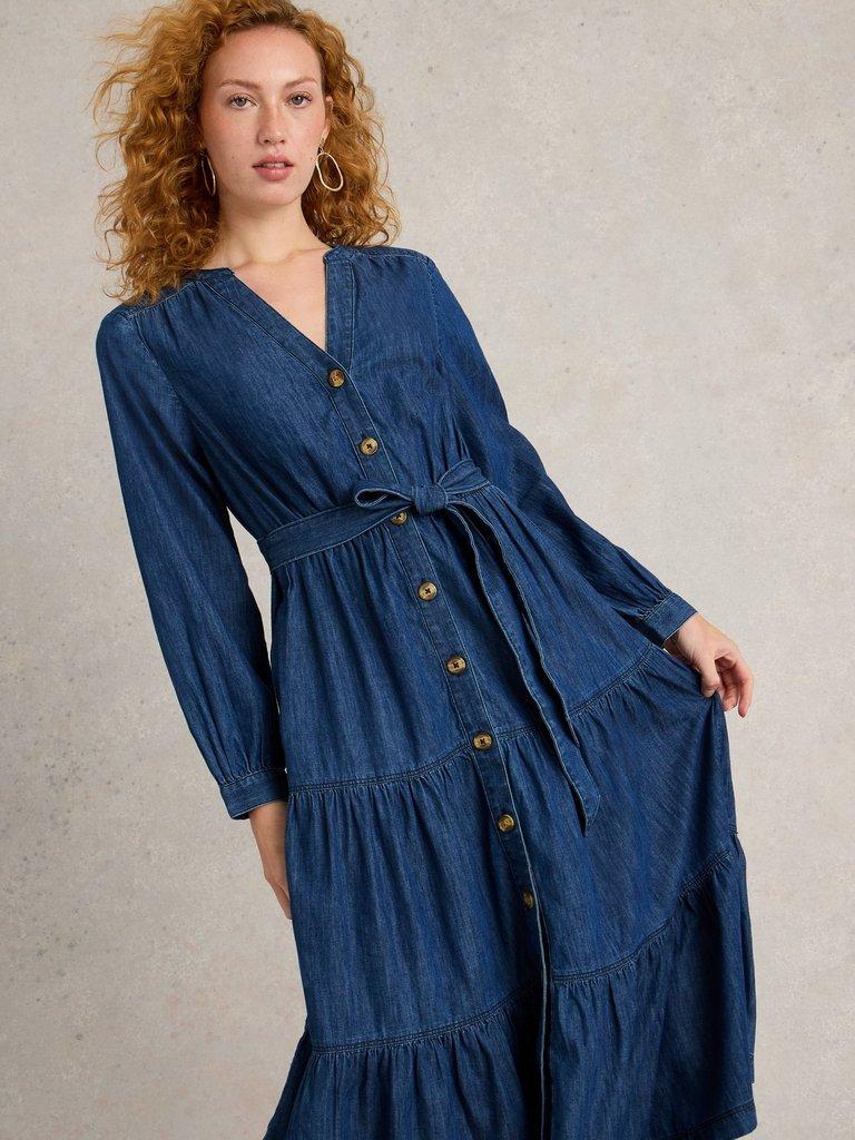 Mina Tiered Denim Dress in MID DENIM - LIFESTYLE