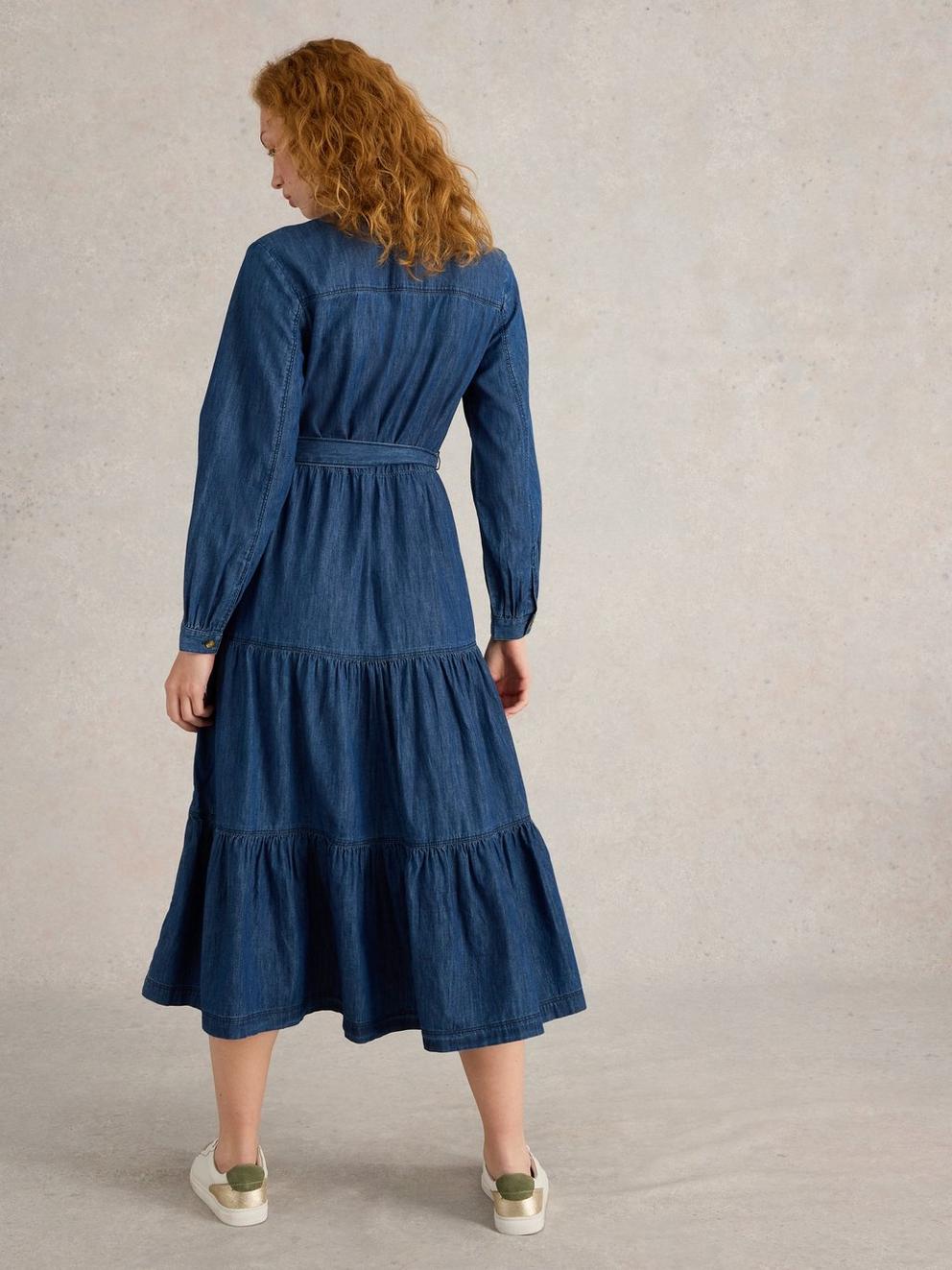 Mina Tiered Denim Dress in MID DENIM - MODEL BACK