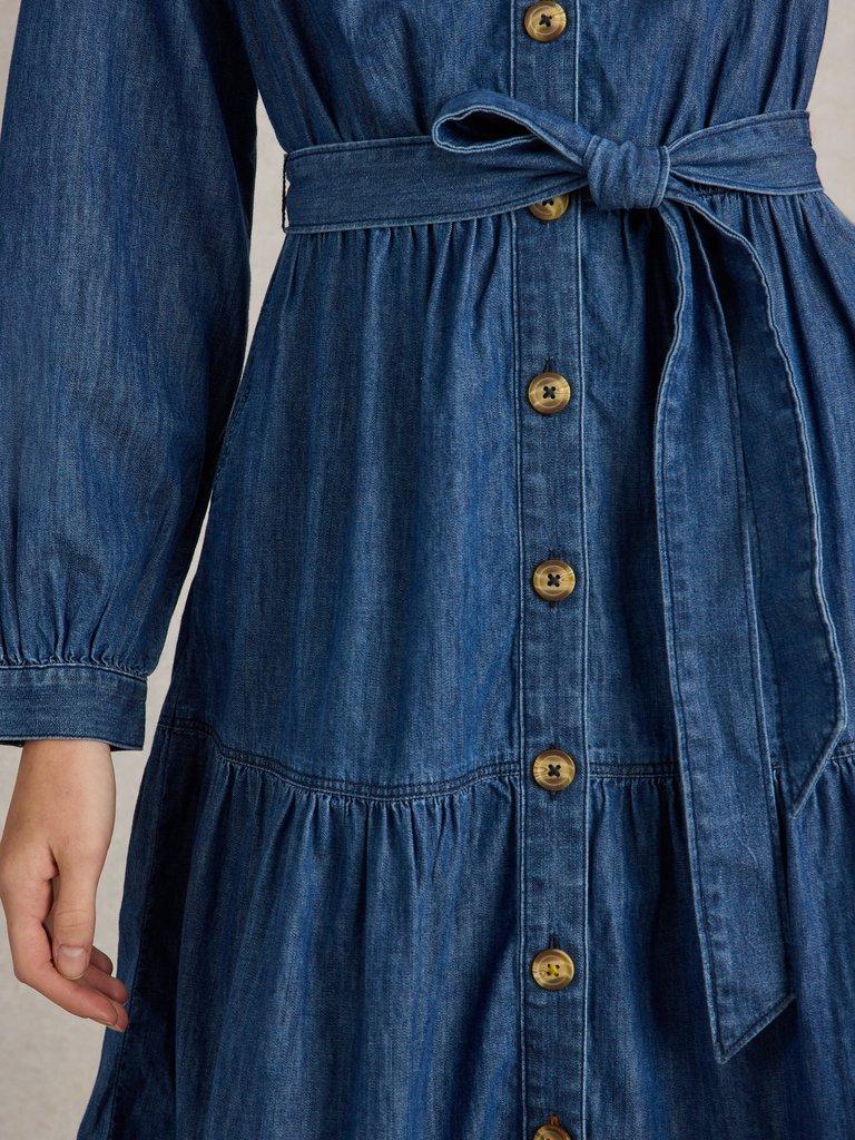 Mina Tiered Denim Dress in MID DENIM - MODEL DETAIL