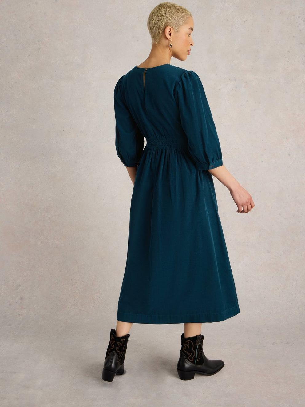 Lucy Cord Dress in DK TEAL - MODEL BACK