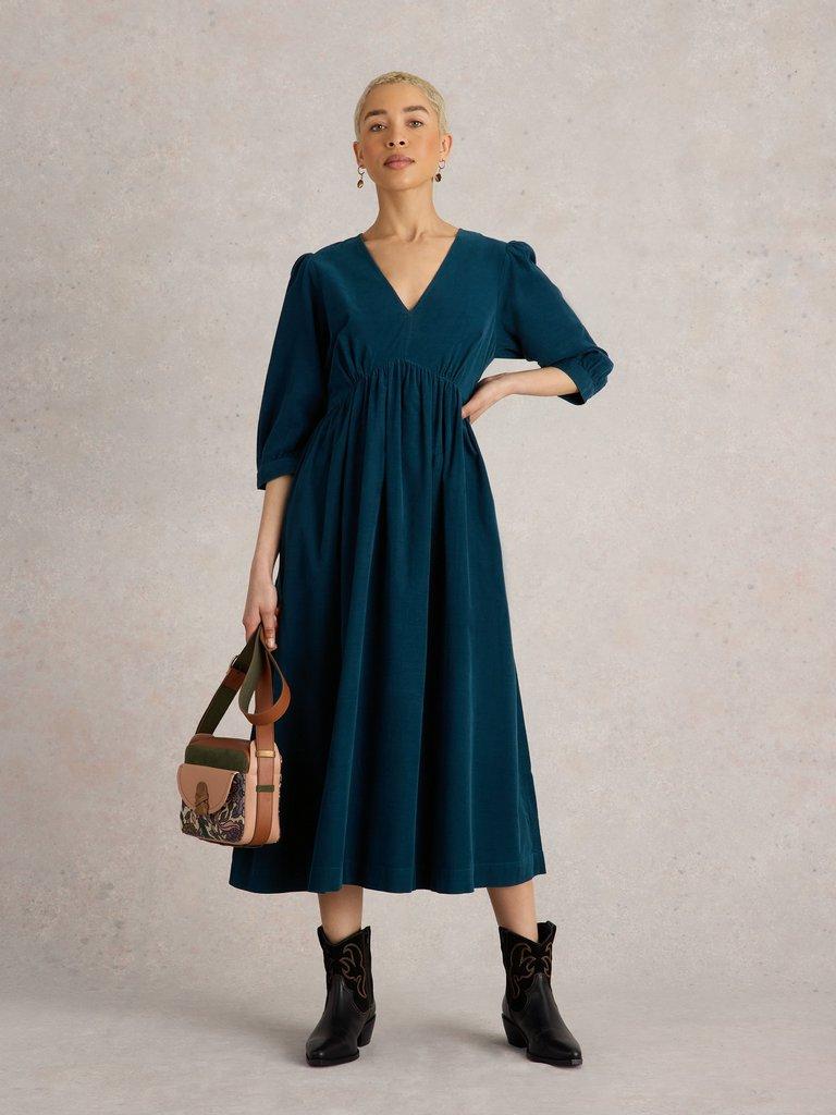 Lucy Cord Dress in DK TEAL - MODEL FRONT