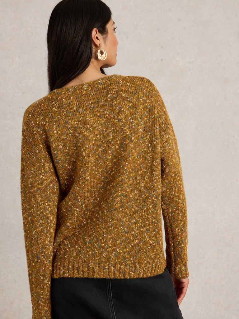 TEXTURED V NECK JUMPER  in BROWN MLT - MODEL BACK