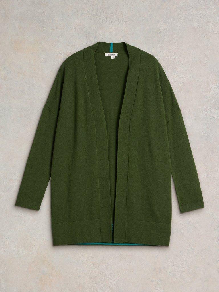 LAURA LONGLINE LONG SLEEVE CARDI in KHAKI GRN - FLAT FRONT