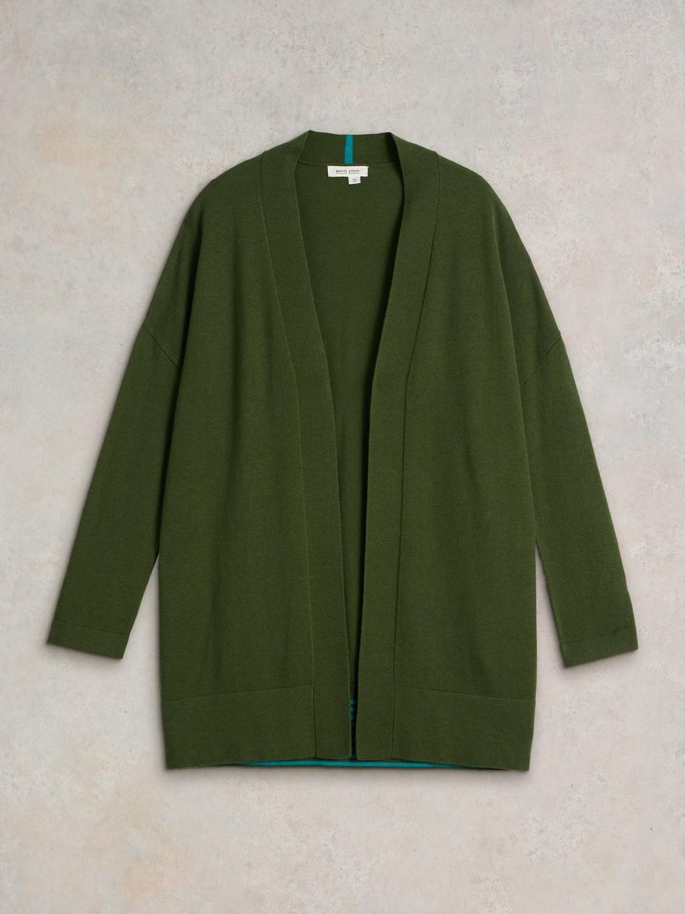 LAURA LONGLINE LONG SLEEVE CARDI in KHAKI GRN - FLAT FRONT