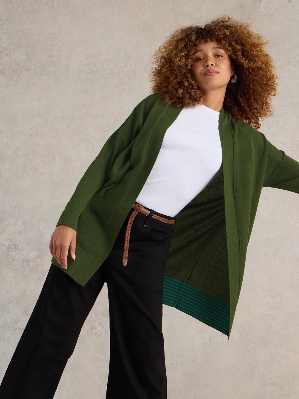 LAURA LONGLINE LONG SLEEVE CARDI in KHAKI GRN - LIFESTYLE