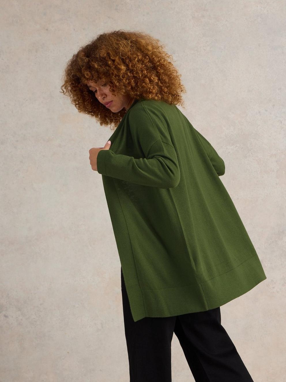 LAURA LONGLINE LONG SLEEVE CARDI in KHAKI GRN - MODEL BACK