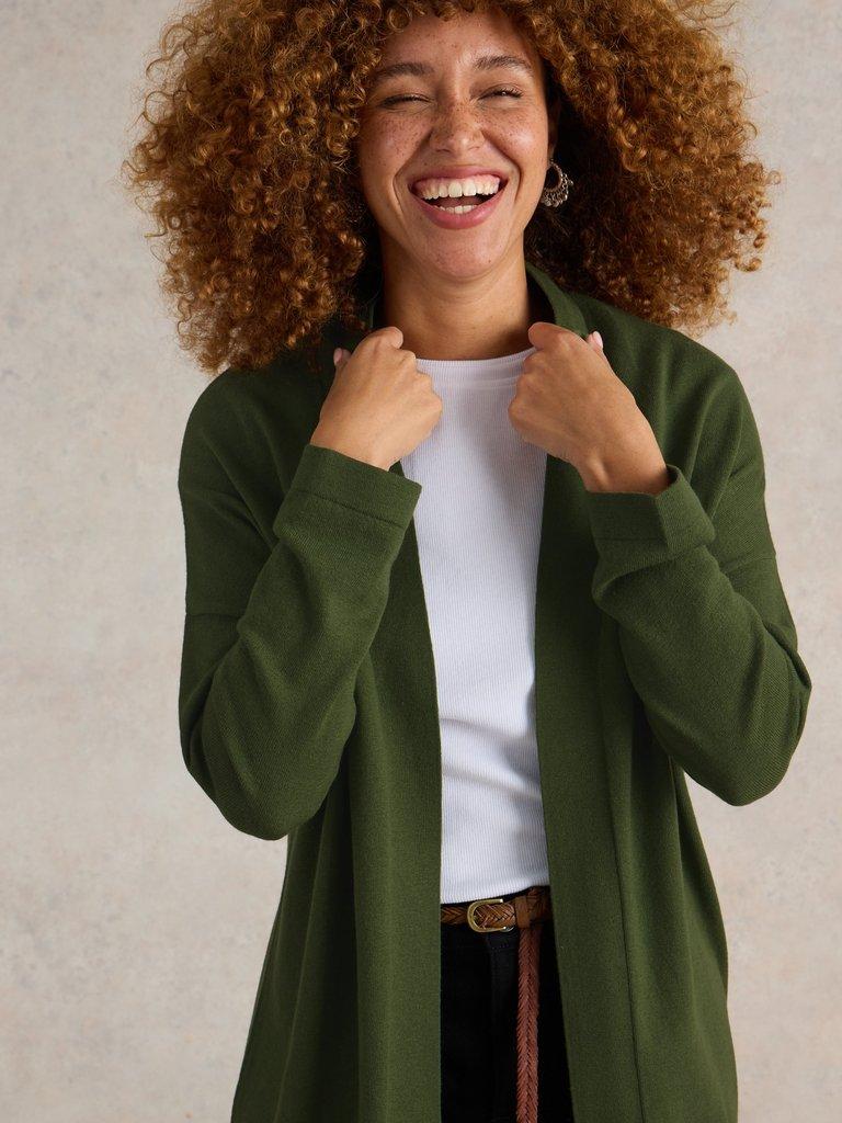 LAURA LONGLINE LONG SLEEVE CARDI in KHAKI GRN - MODEL DETAIL