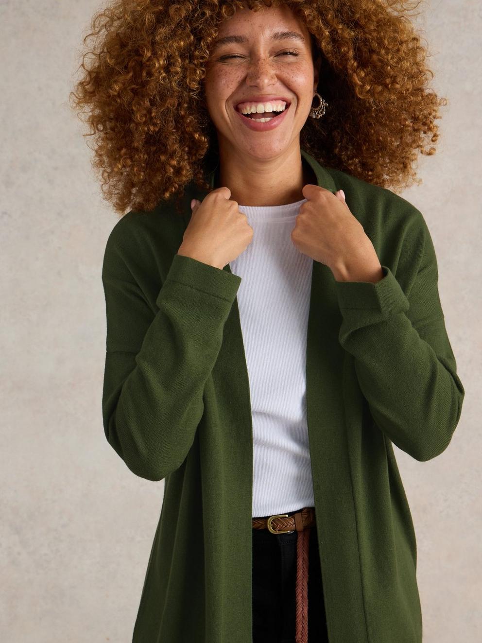 LAURA LONGLINE LONG SLEEVE CARDI in KHAKI GRN - MODEL DETAIL