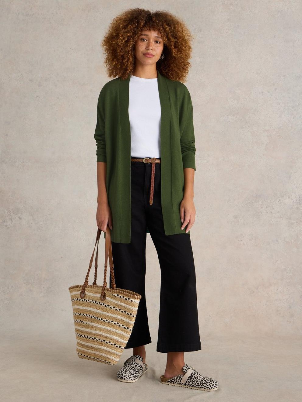 LAURA LONGLINE LONG SLEEVE CARDI in KHAKI GRN - MODEL FRONT