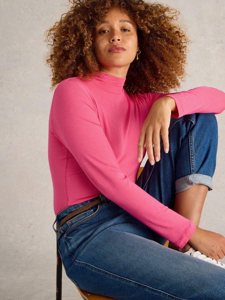 CAMILLE HIGH NECK TEE in BRT PINK - MODEL DETAIL